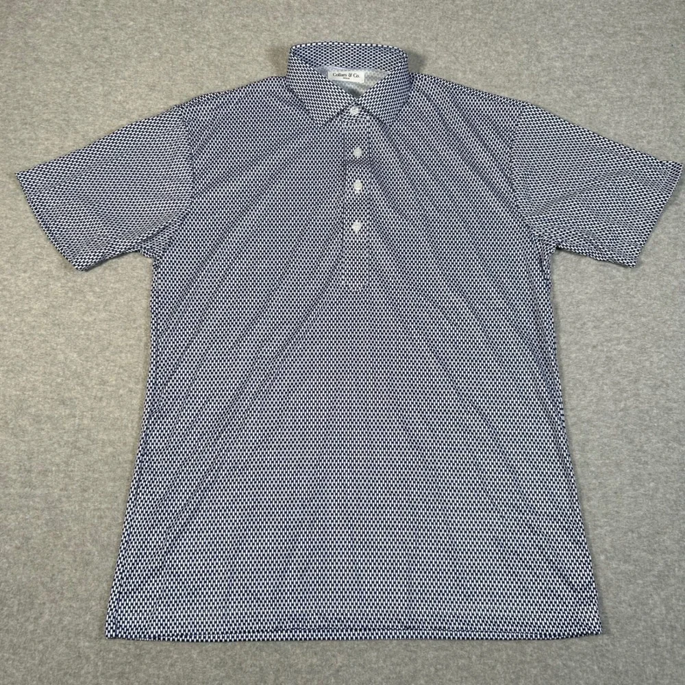 Collars & Co Polo Shirt Men M Blue‎ White Geometric Print Dress Collar NEW NWOT - Picture 2 of 7